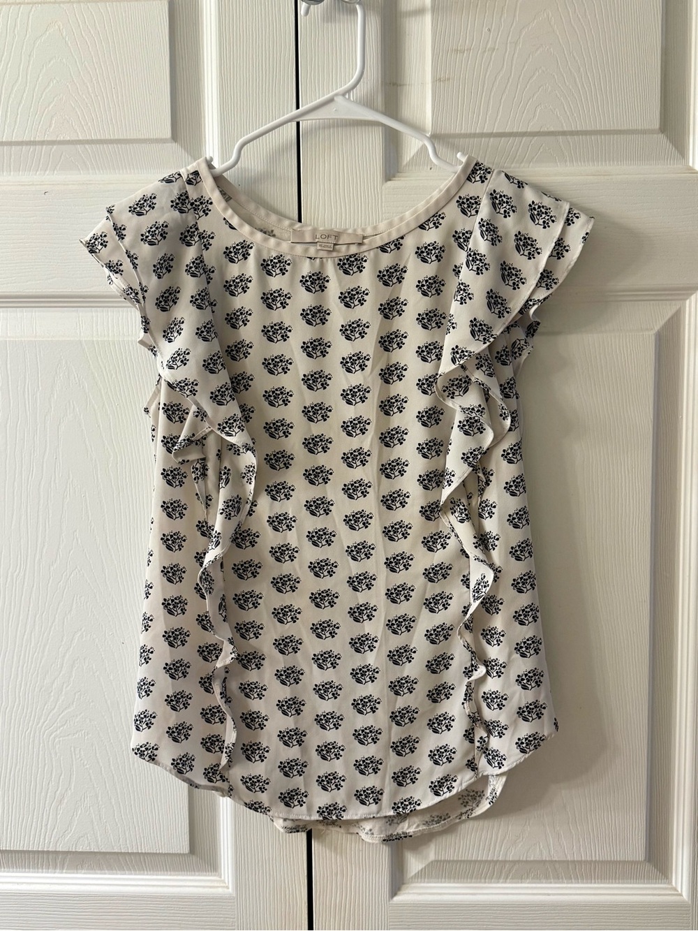 LOFT Cream Blouse with Black Floral Ruffles